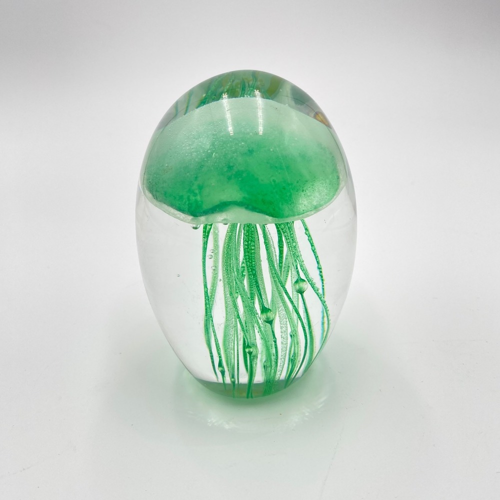 Vintage Glass Jellyfish Paperweight 4" Green Hand Blown Art Sculpture Home Decor